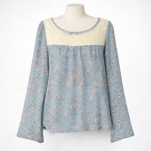 Savannah Rae Blue Floral Lace Yoke Bell Sleeve Blouse Milkmaid Top L Boho Dainty